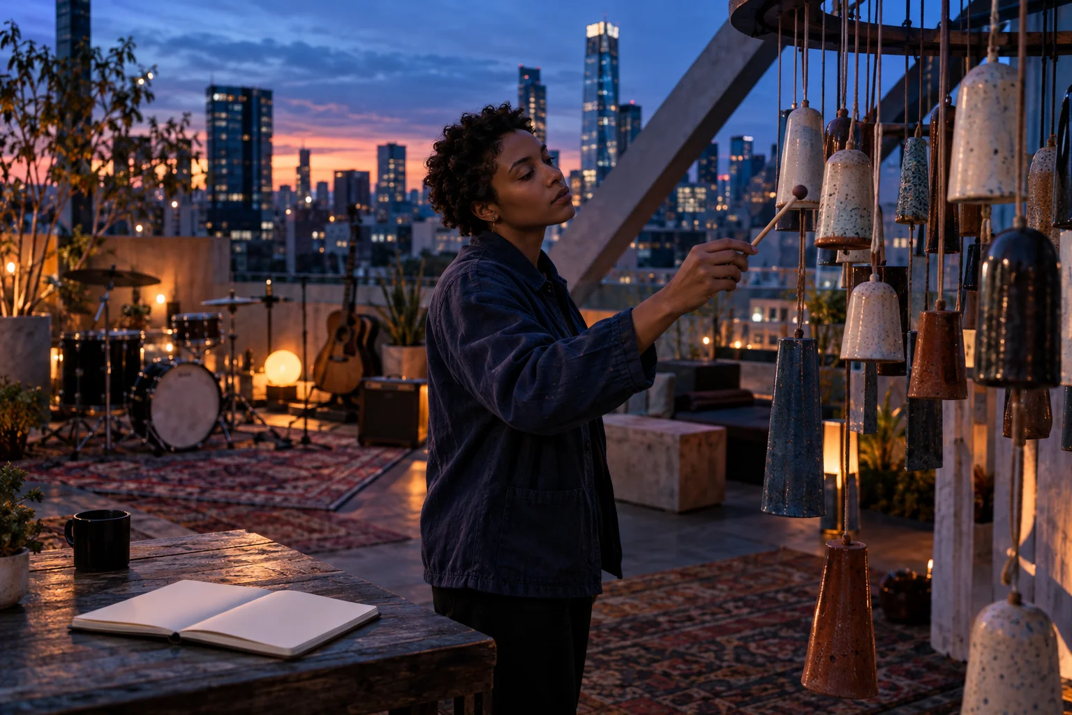 An adult poet tests ceramic chimes on a rooftop at blue hour while an open notebook rests nearby