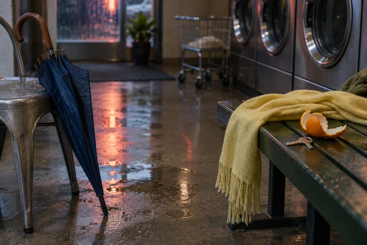 A blue umbrella, orange peel, key, and yellow scarf form a small visual story inside an evening laundromat