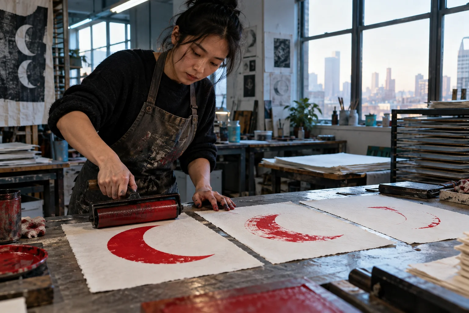 An adult printmaker revises a red crescent motif across several handmade sheets in a daylight studio