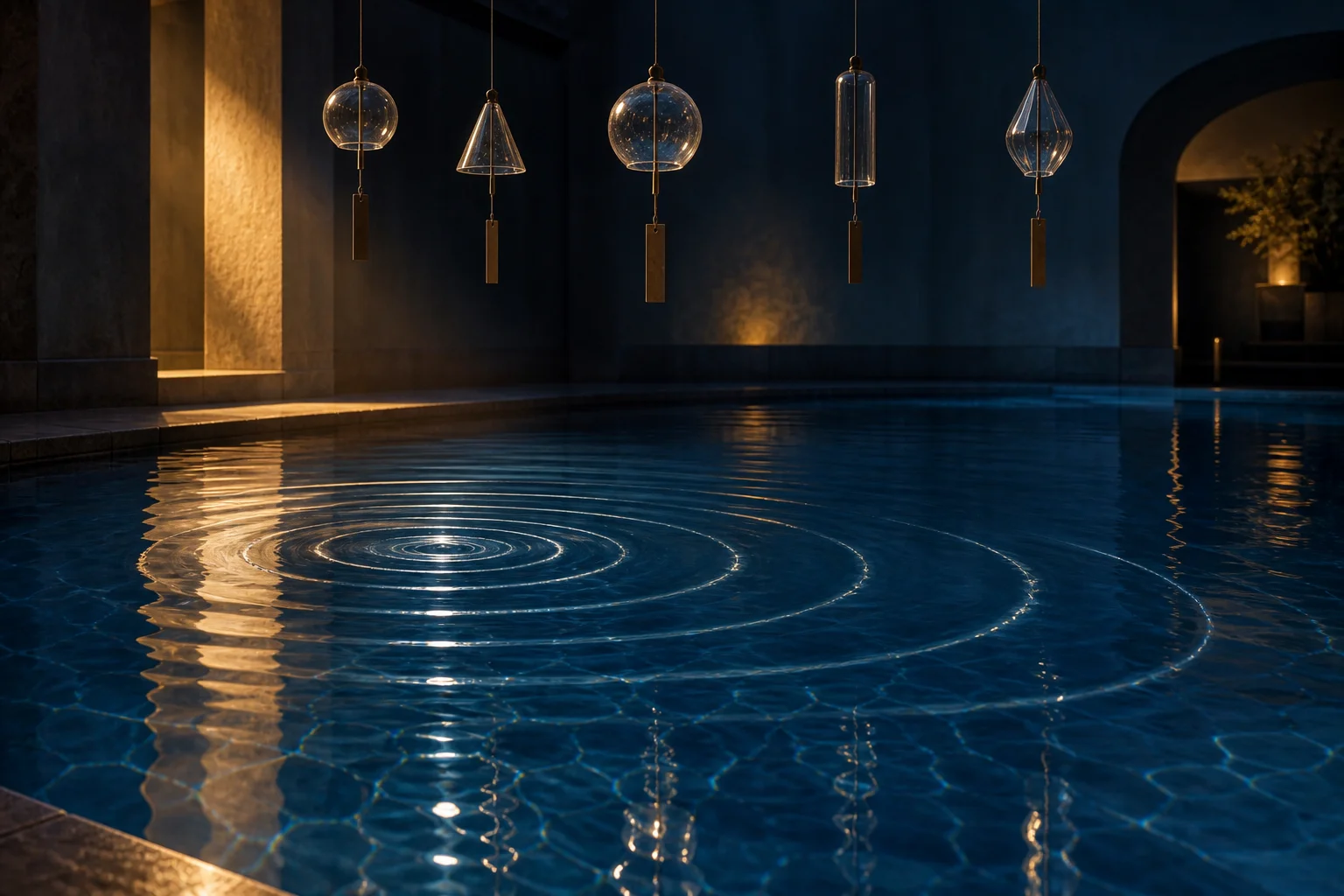 Glass chimes hang above a blue indoor pool where concentric ripples mark a single interrupted rhythm