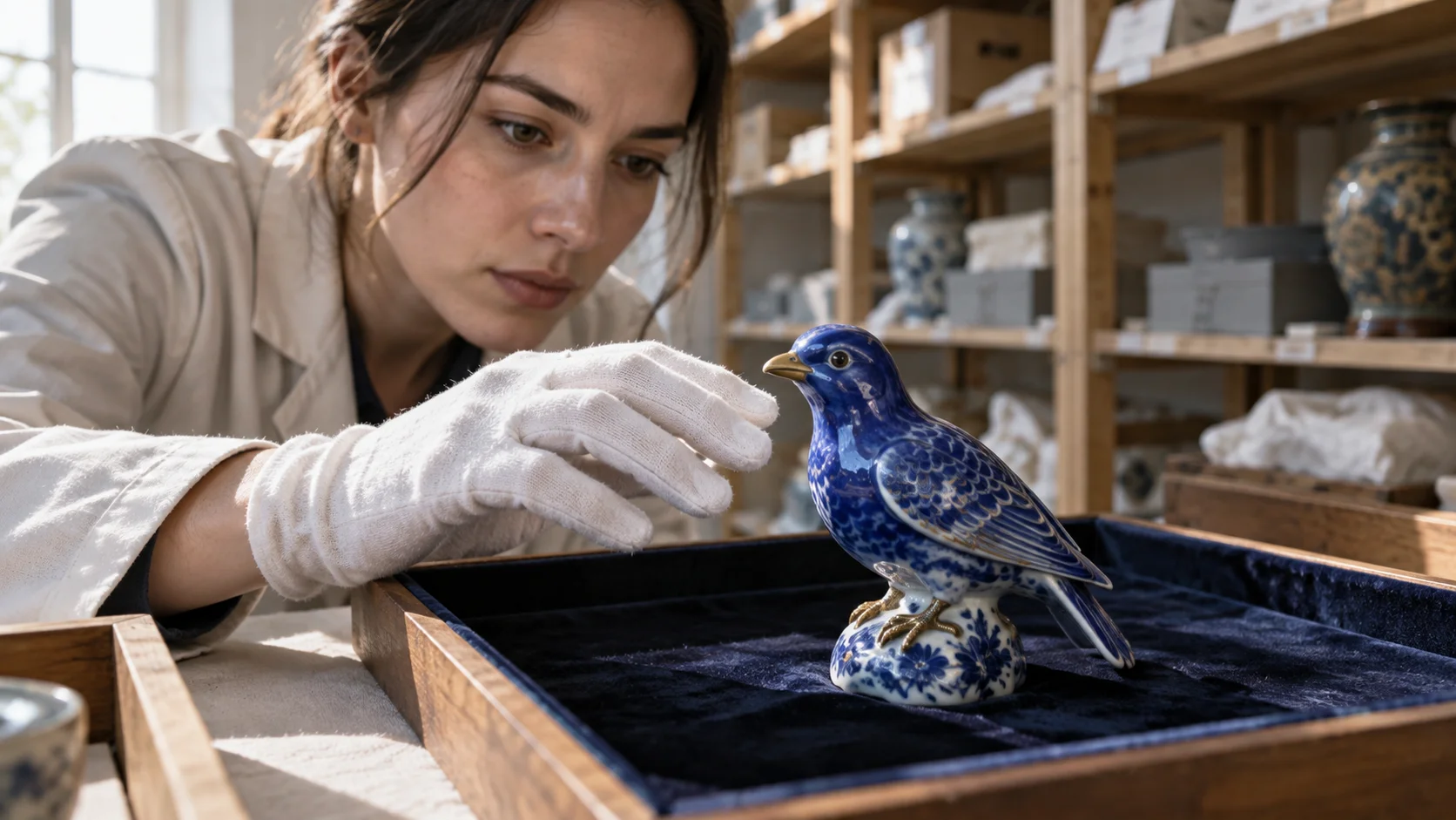 A gloved adult conservator reaches toward a cobalt porcelain bird on a velvet-lined tray