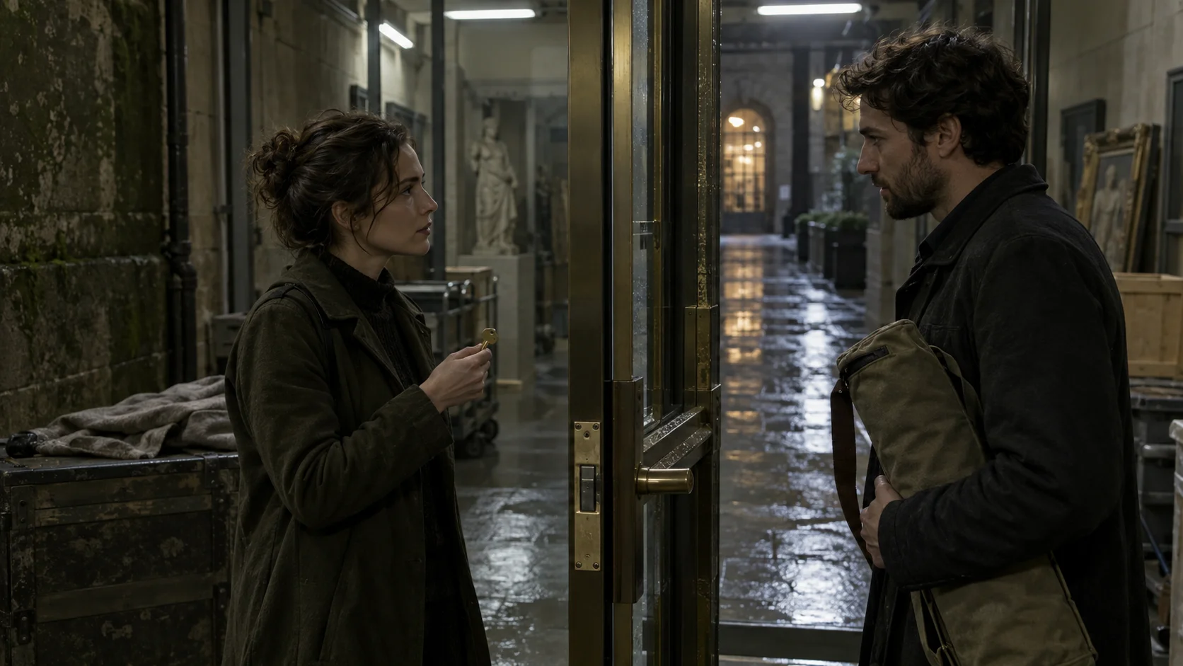 Two adults face one another across a partly closed glass museum door, one holding a small brass key