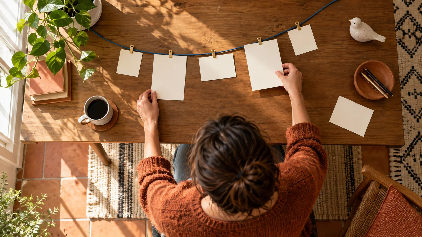 An adult writer rearranges blank paper scene cards along a blue cord, leaving one redundant card aside