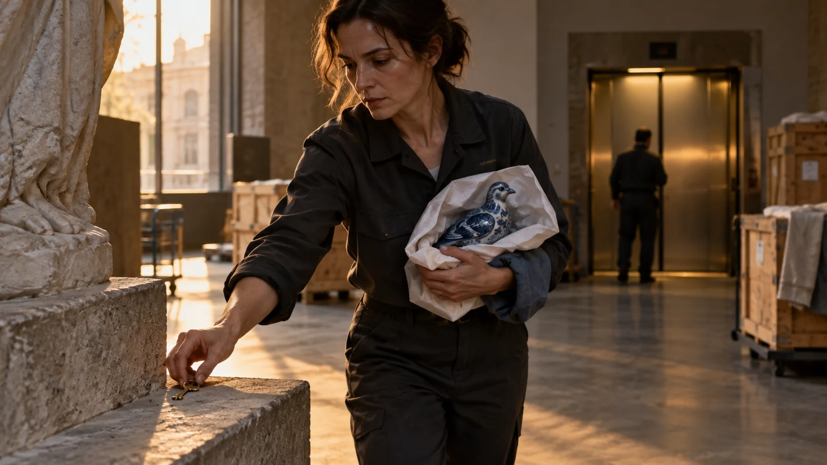 An adult conservator places a brass key on a stone ledge while carrying a wrapped porcelain bird away from an elevator