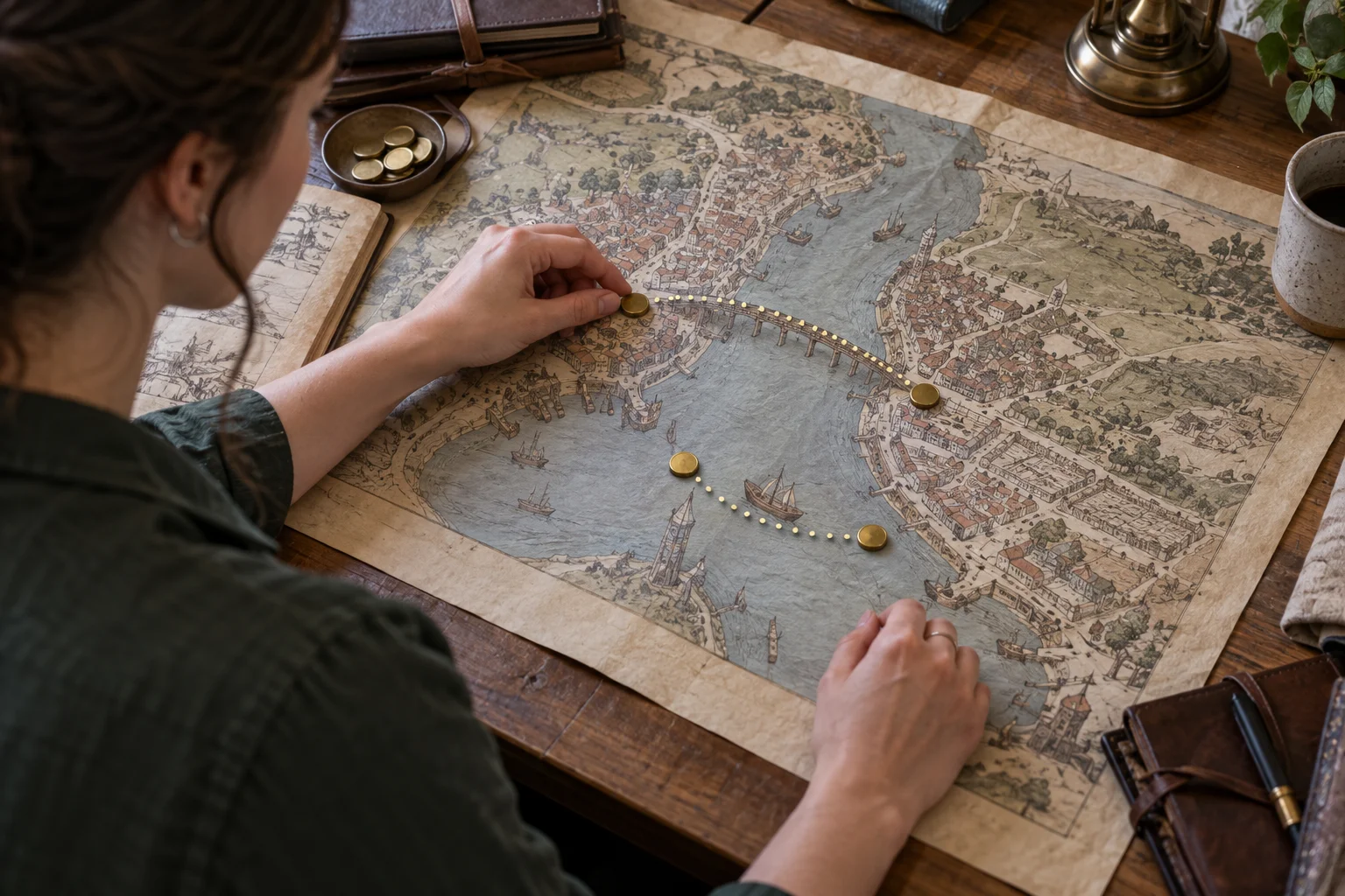 An adult writer marks two alternative paths across a fictional river-port map with plain brass tokens