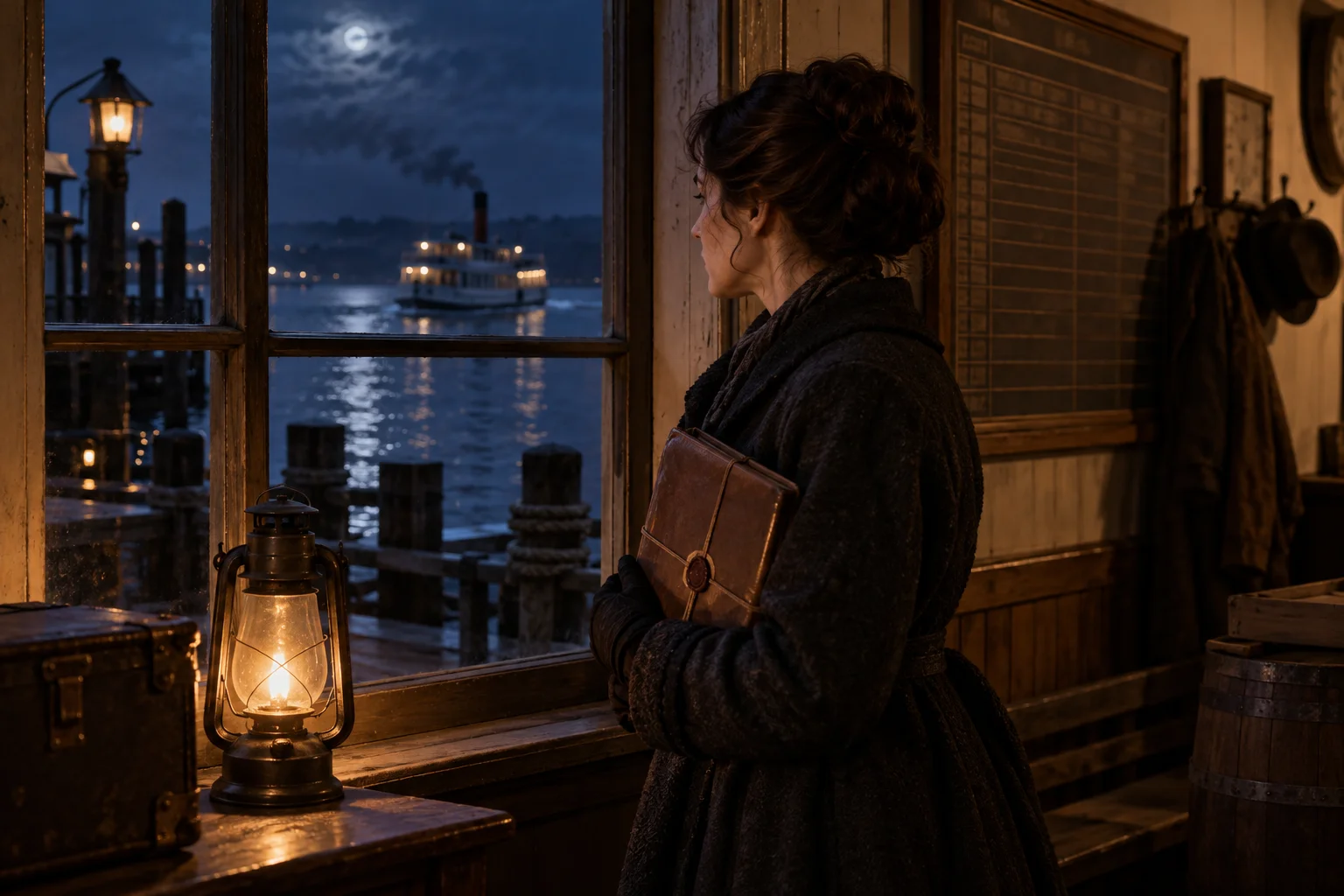 A fictional nineteenth-century courier holds a sealed ledger by lamplight while the last ferry recedes outside