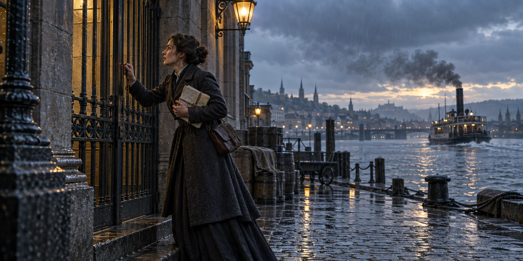 A fictional nineteenth-century courier reaches a locked iron gate as a steam ferry departs across a rainy river