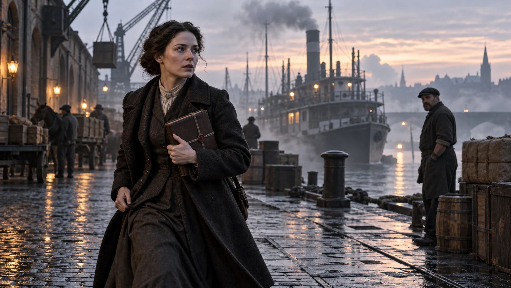 An adult courier carries a sealed ledger through a misty fictional nineteenth-century river port at dawn