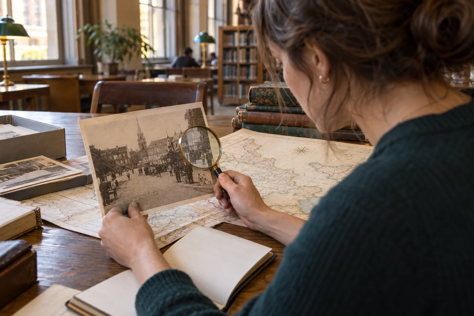 An adult writer compares an archival photograph with a map in a modern library before planning a historical novel