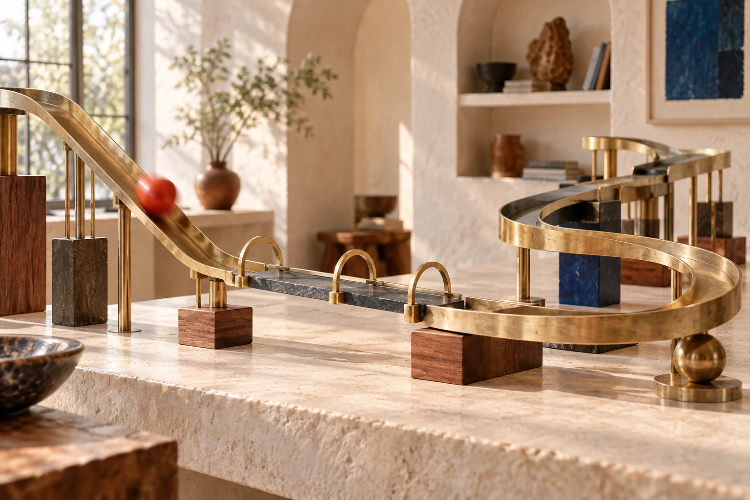 A red wooden sphere moves through an original brass track with alternating slopes, curves, and quiet level stretches