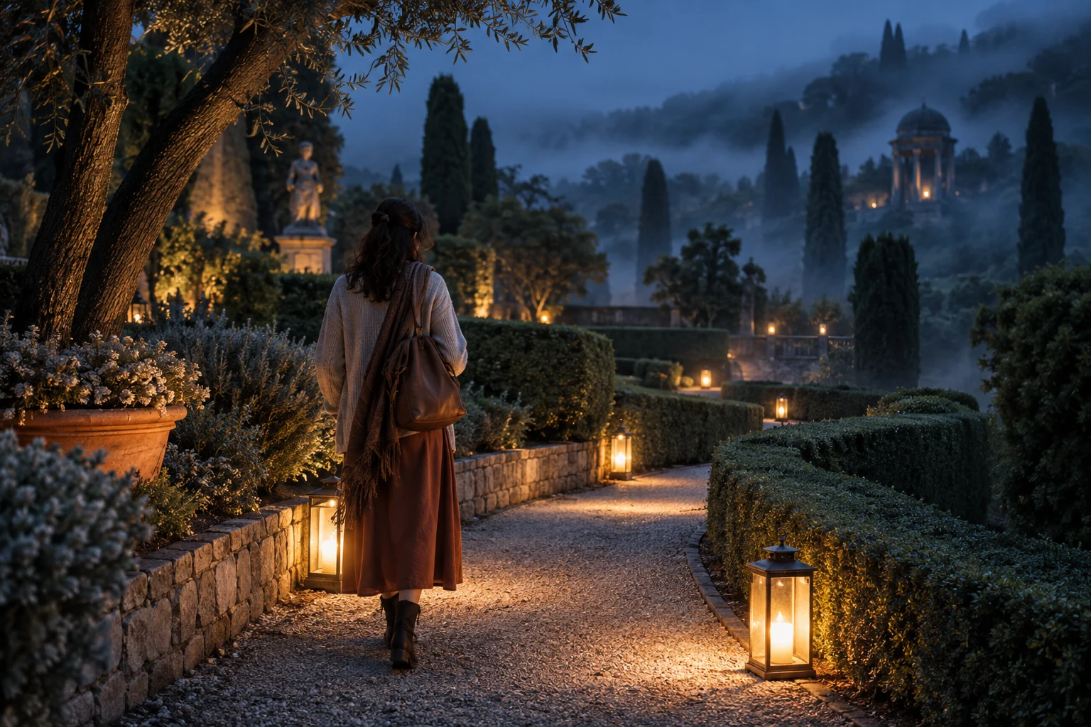 An adult writer follows a winding twilight garden path lit by unmarked lanterns that reveal one turn at a time