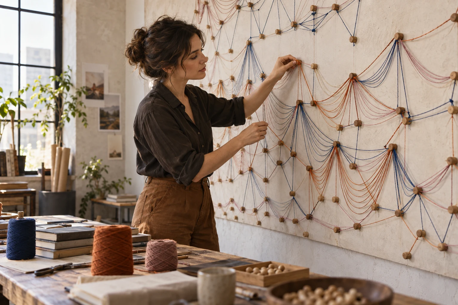 An adult editor adjusts colored thread across an unlabeled wall of wooden pegs to map changes in story rhythm