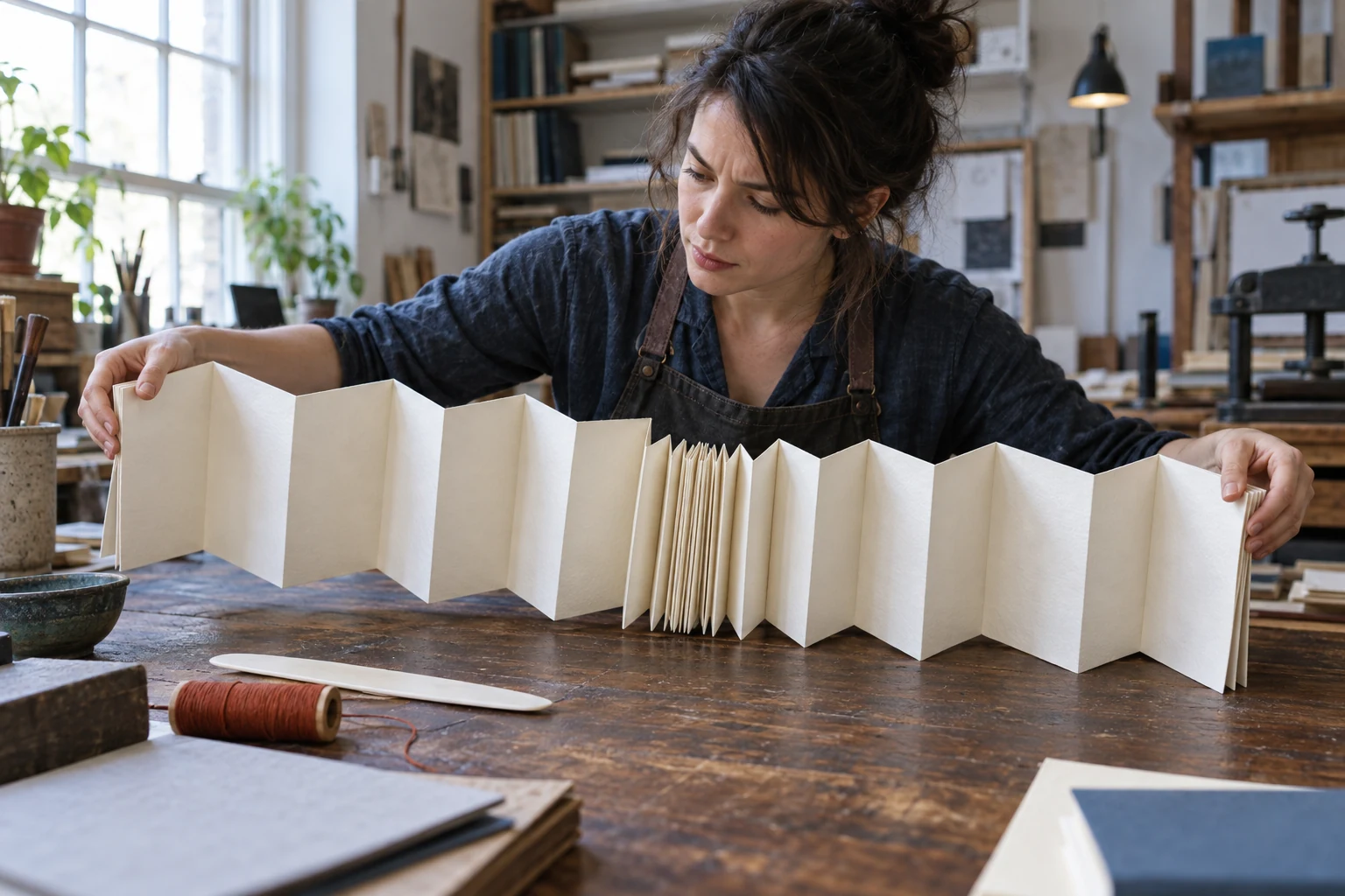 An adult bookbinder opens a blank accordion book whose important central folds are compressed too tightly