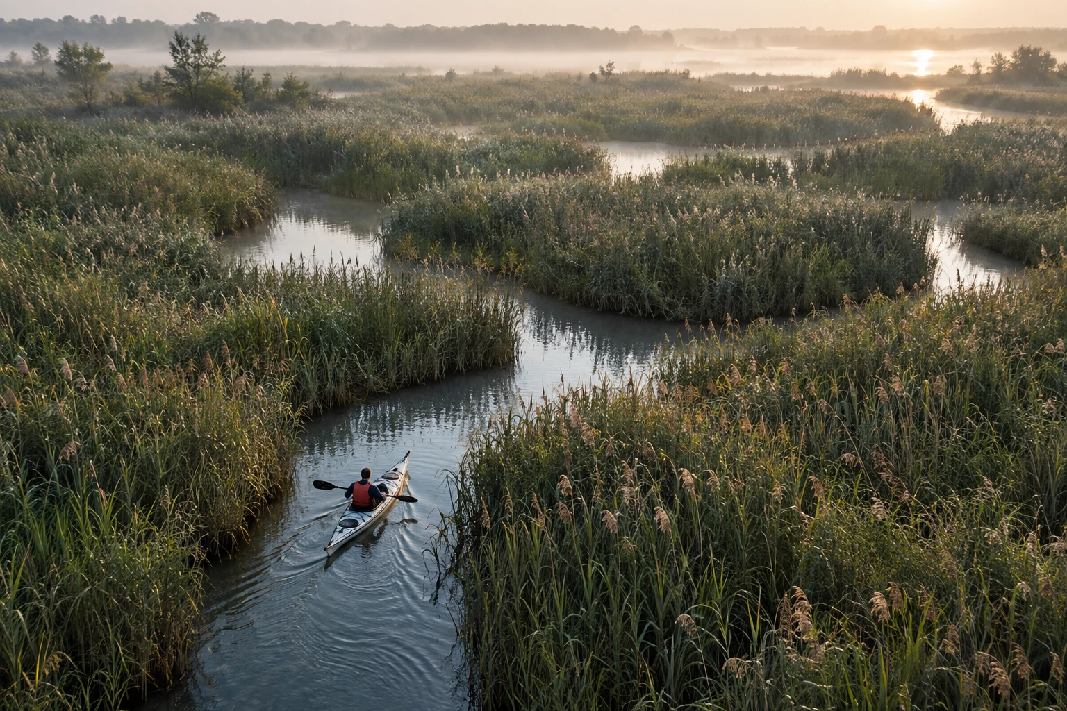 An adult kayaker follows a winding channel through a quiet reed maze toward a distant opening