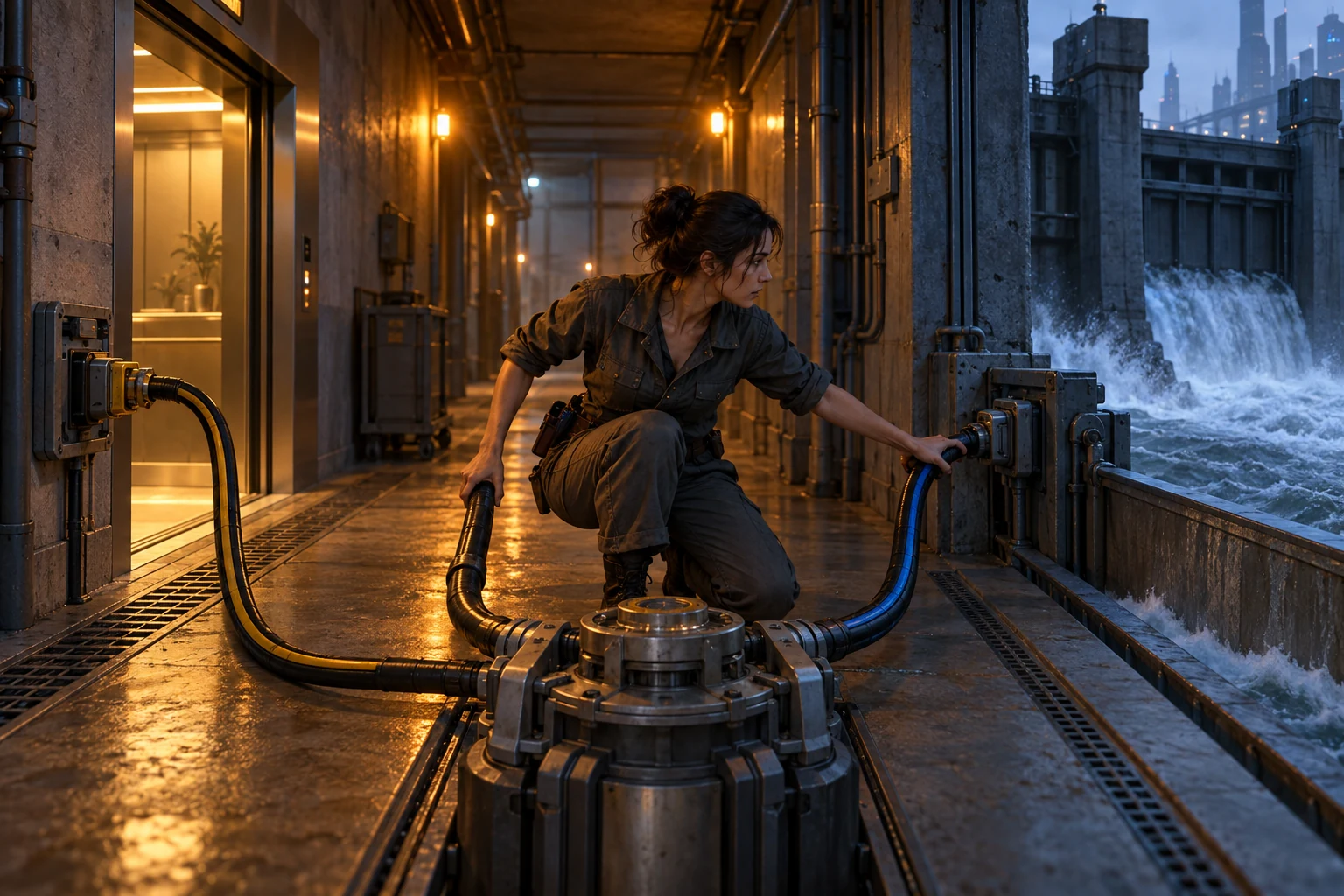 Adult engineer chooses between power cables leading to a residential lift and a storm-threatened floodgate