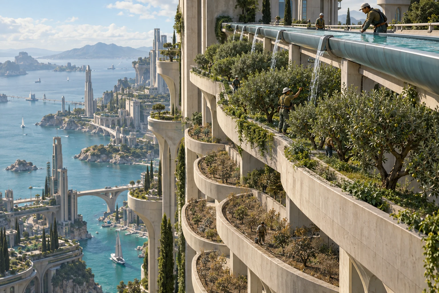 Workers tend irrigated upper orchards above drier lower terraces in a future coastal city