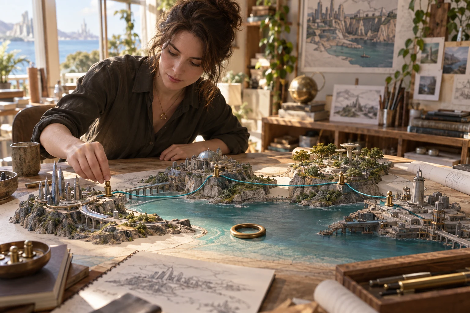 Adult novelist arranges a miniature coastal city with a turquoise thread connecting chapter locations and brass character tokens