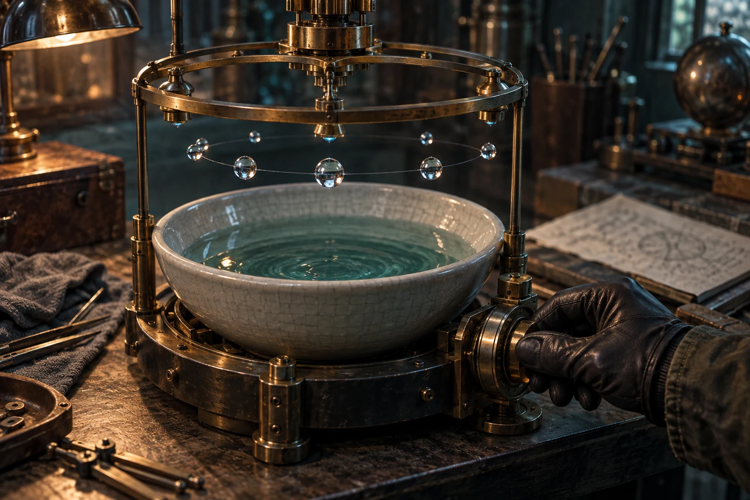 Gloved adult hand adjusts a brass device while water droplets remain suspended over a ceramic basin