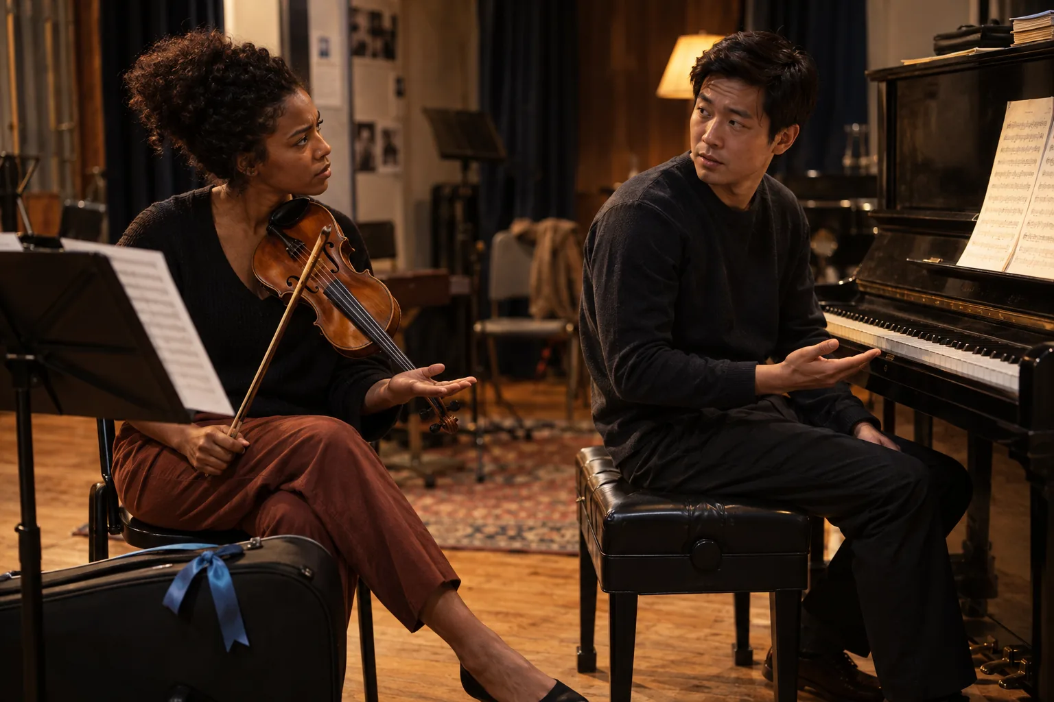 Two adult musicians disagree during a rehearsal beside a piano and a violin case tied with blue ribbon