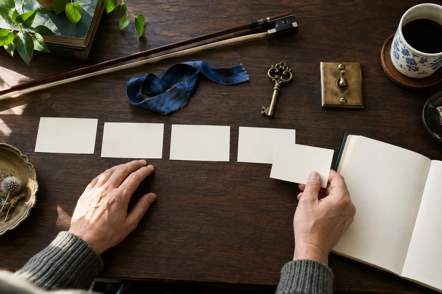Adult writer arranges blank index cards, a blue ribbon, a violin bow, and a theater key on a desk