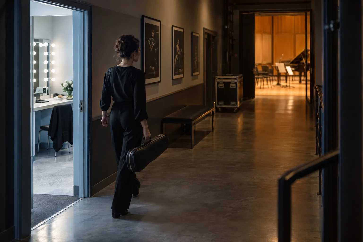 Adult musician carries a violin case through a theater corridor between cool and warm lit rooms