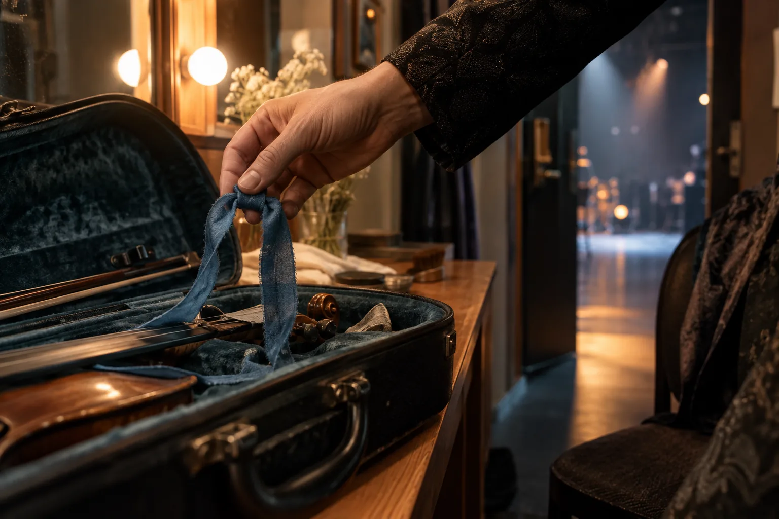 Adult hand lifts a frayed blue ribbon from an open violin case in a theater dressing room