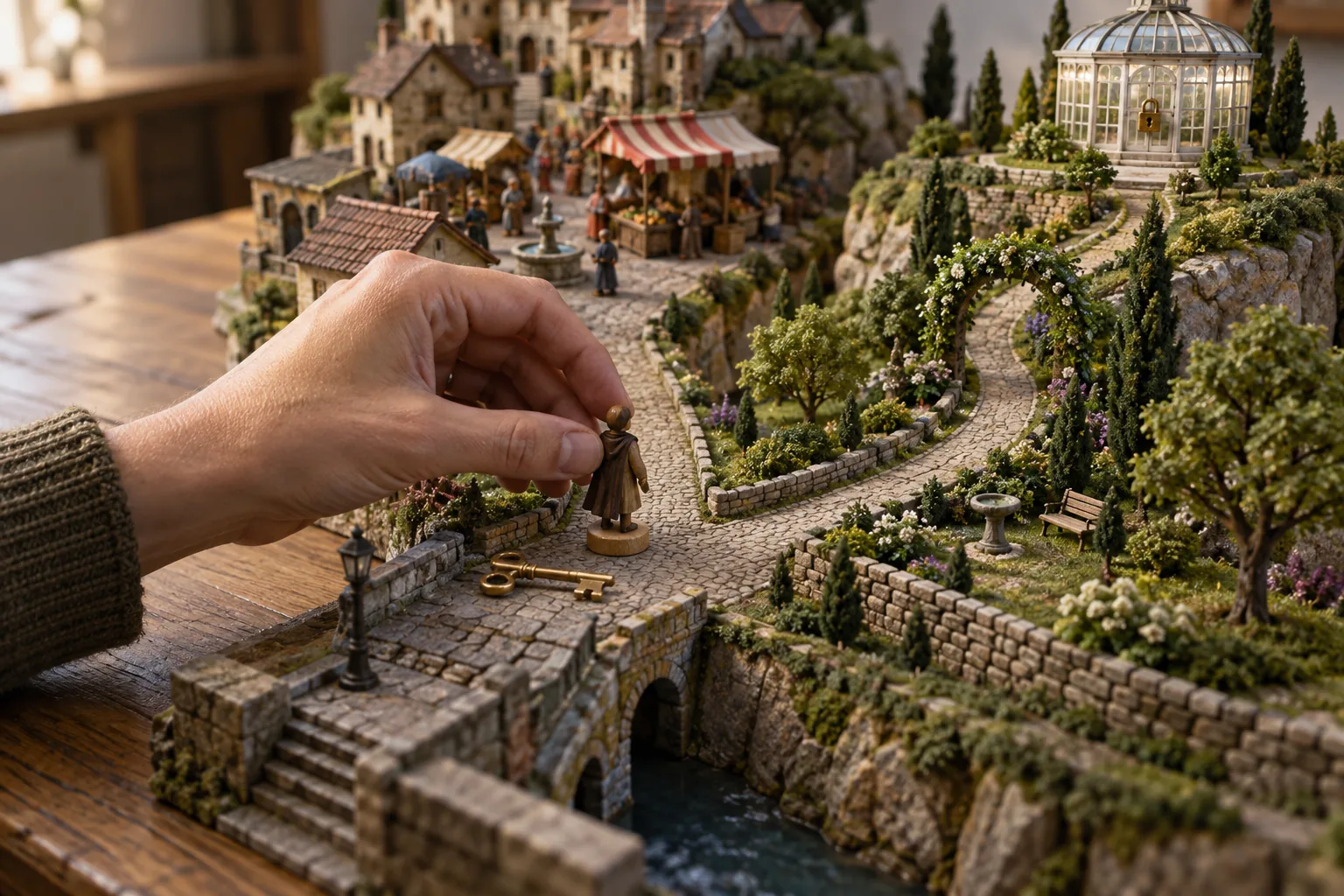 Adult hand moves one wooden protagonist token at a fork between a miniature market and garden leading to the conservatory