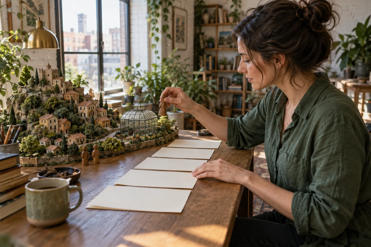 Adult writer arranges blank chapter folios beside a miniature hillside town and glass conservatory