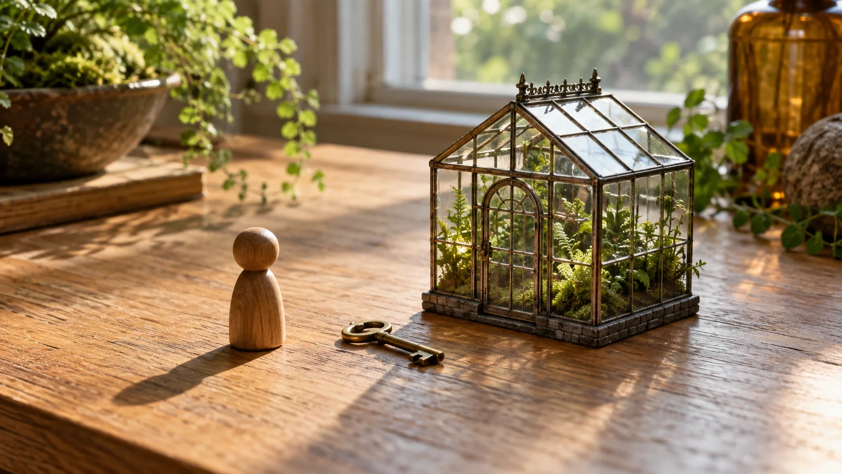 Wooden character token and brass key beside a miniature locked glass conservatory on a sunlit desk