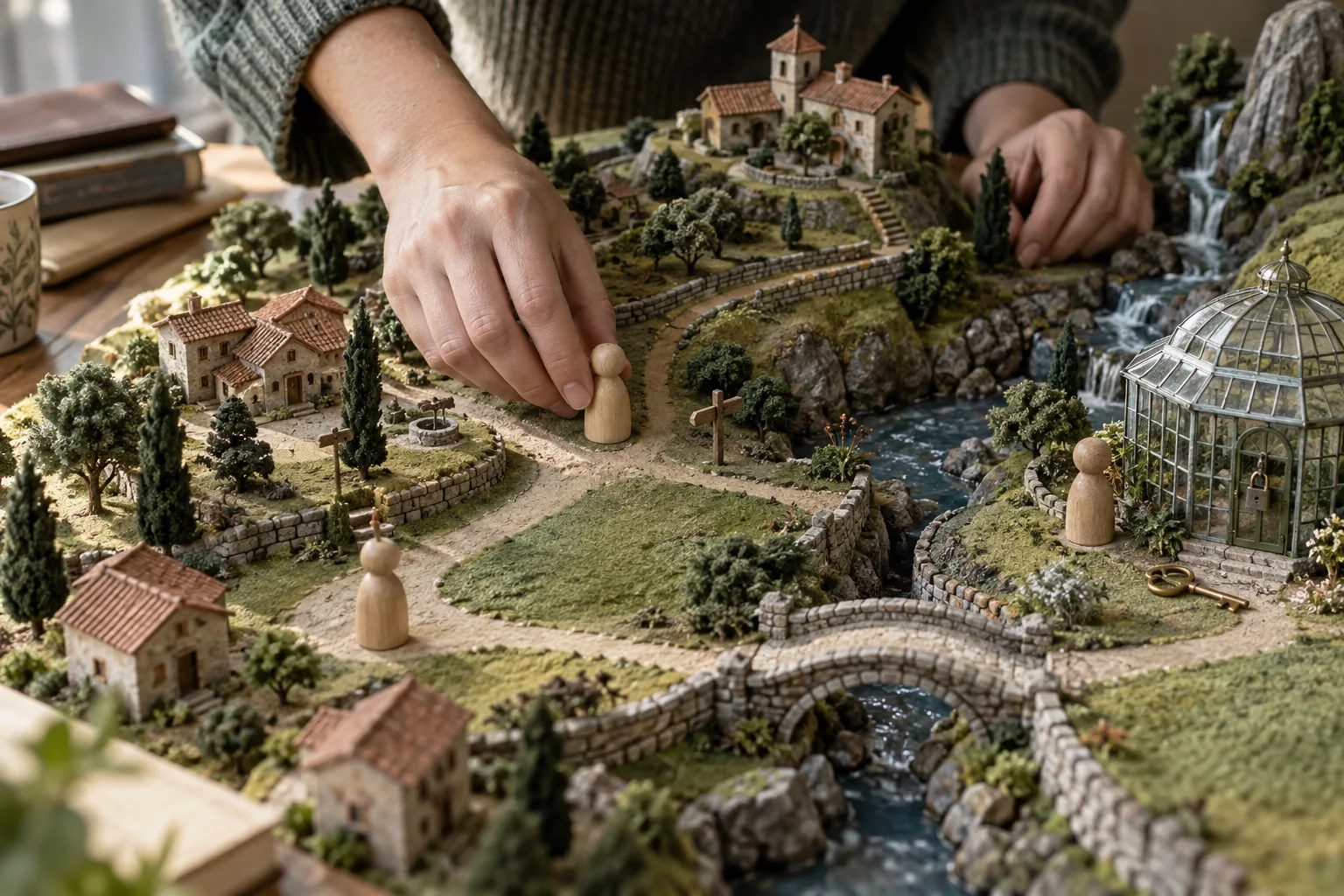 Adult hands position wooden character tokens across a miniature town near a locked conservatory and brass key