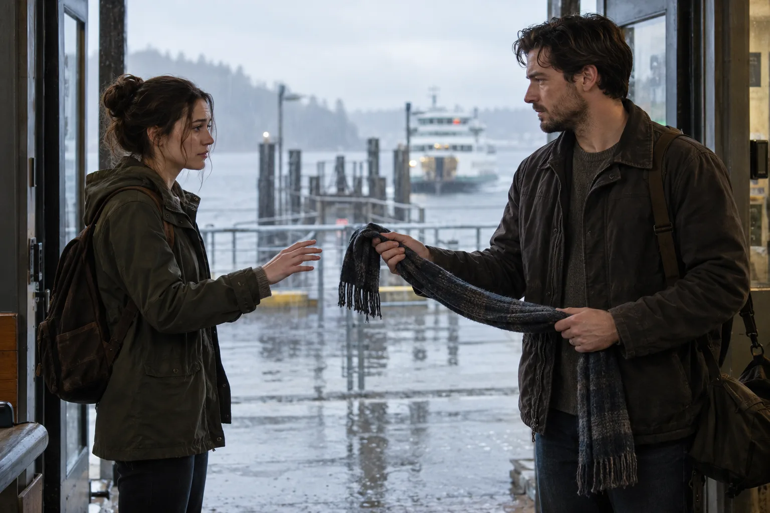 Two adults in a rainy ferry terminal doorway hold opposite ends of a scarf while keeping a cautious distance