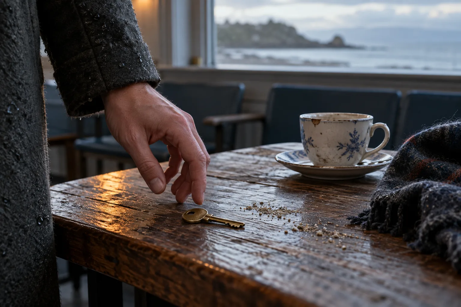 Adult hand hesitates over a brass key beside a chipped untouched cup and the edge of a damp wool coat
