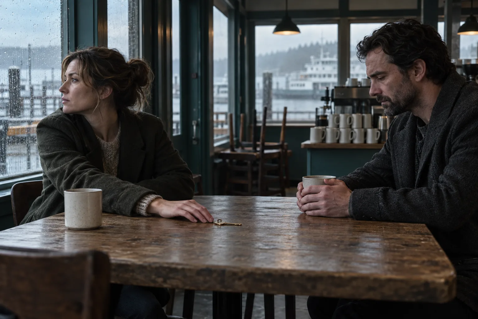 Two adults sit across a ferry terminal table as one slides a brass key halfway toward an untouched cup