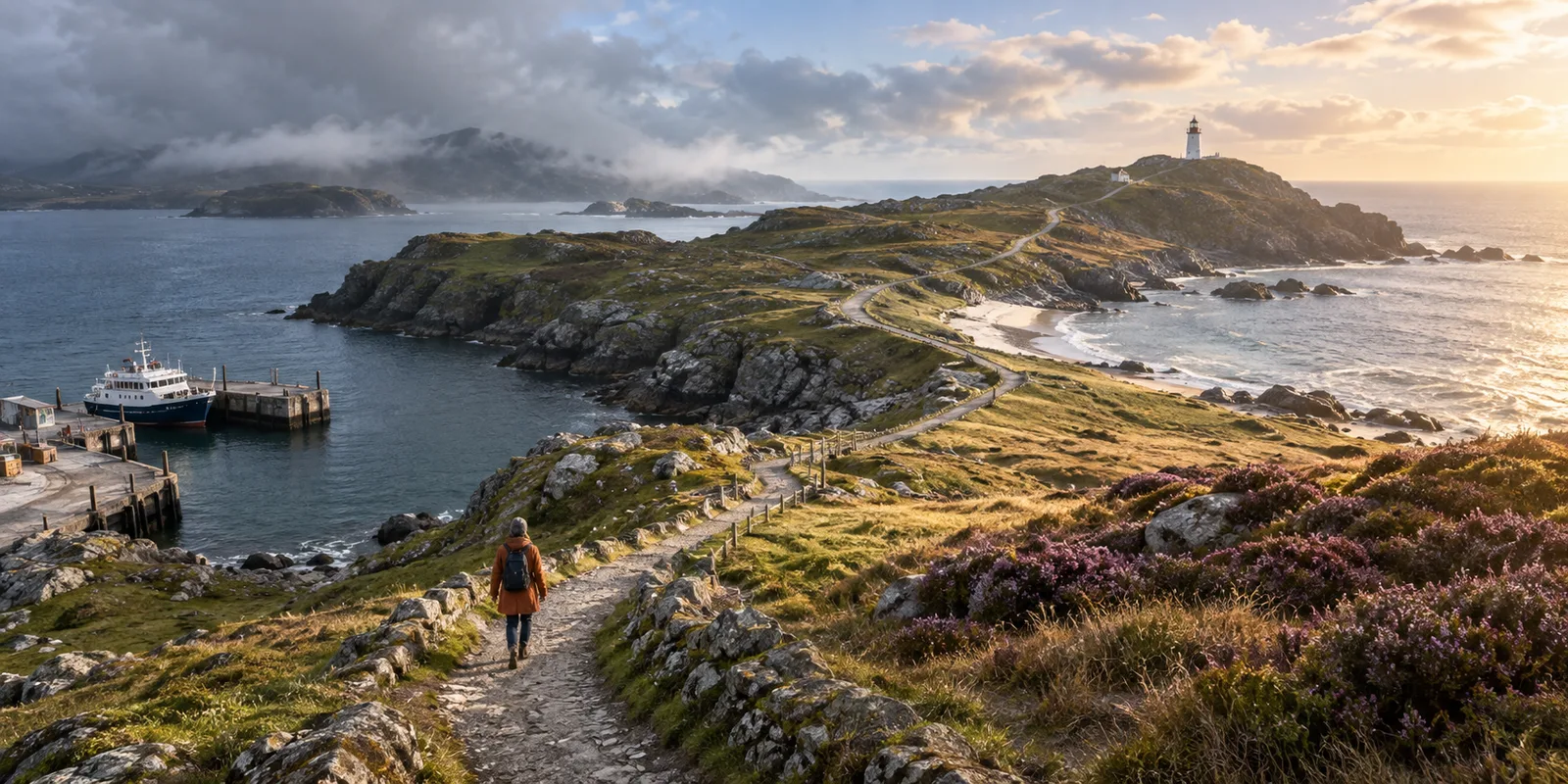 Single adult traveler follows a long coastal path from a ferry terminal toward a lighthouse as storm clouds clear