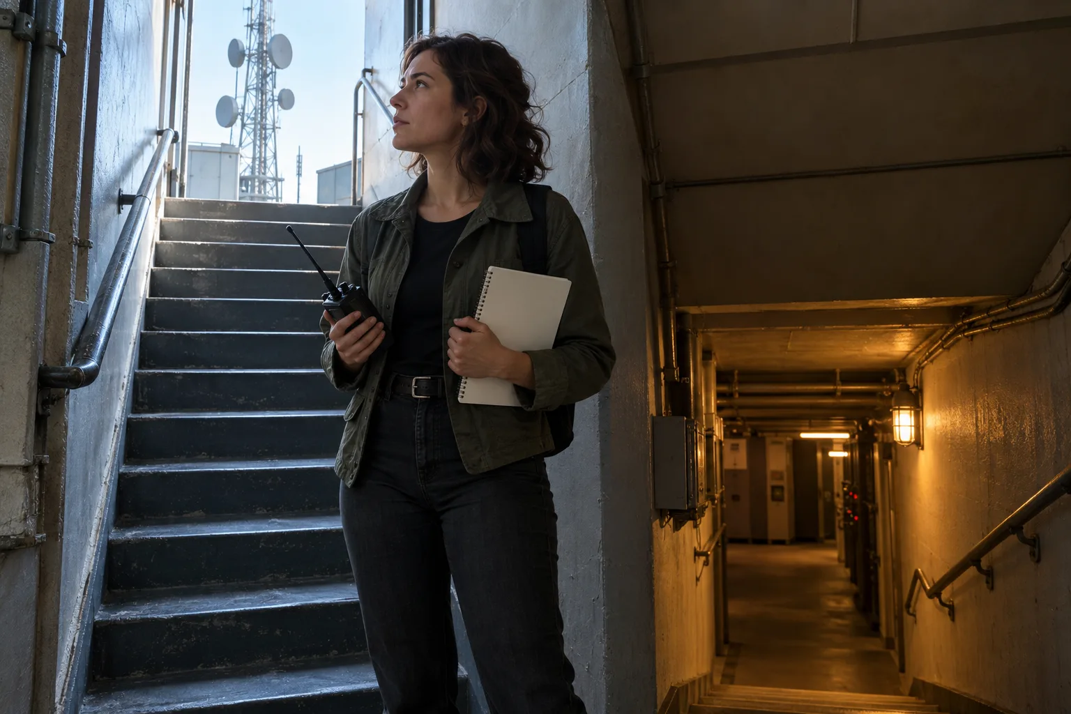 Adult writer with a notebook pauses between a rooftop antenna stair and a warm emergency corridor