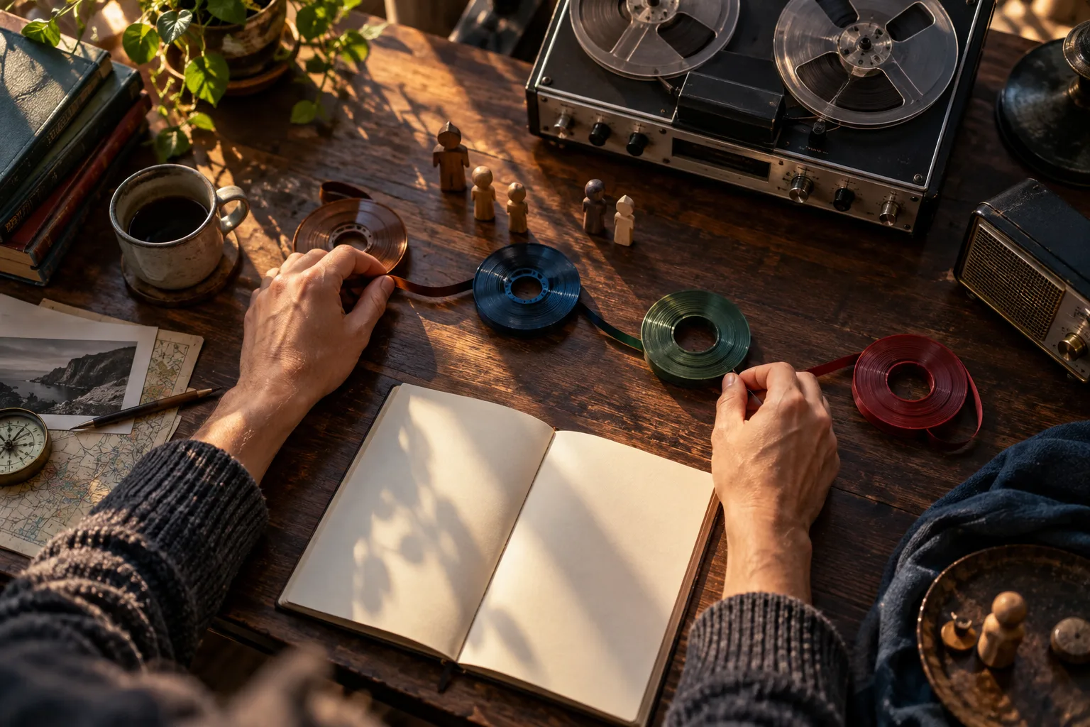 Adult hands connect colored audio tape loops beside character tokens, a blank notebook, and an analog recorder