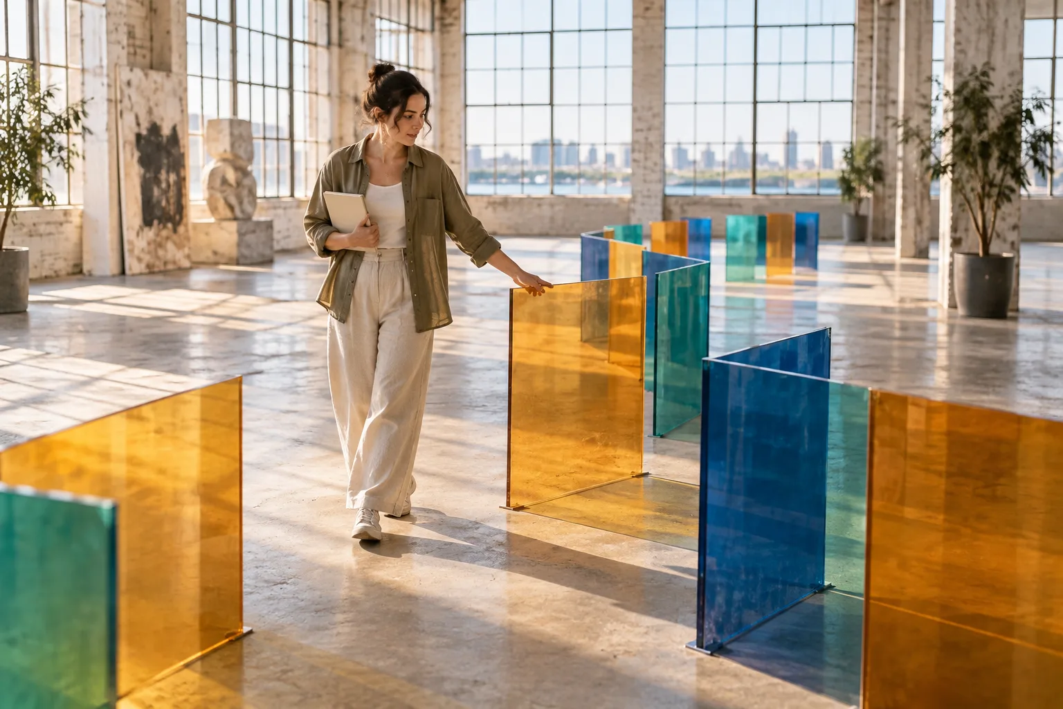 Adult novelist walks through a changing route of colored glass panels while planning the next chapters