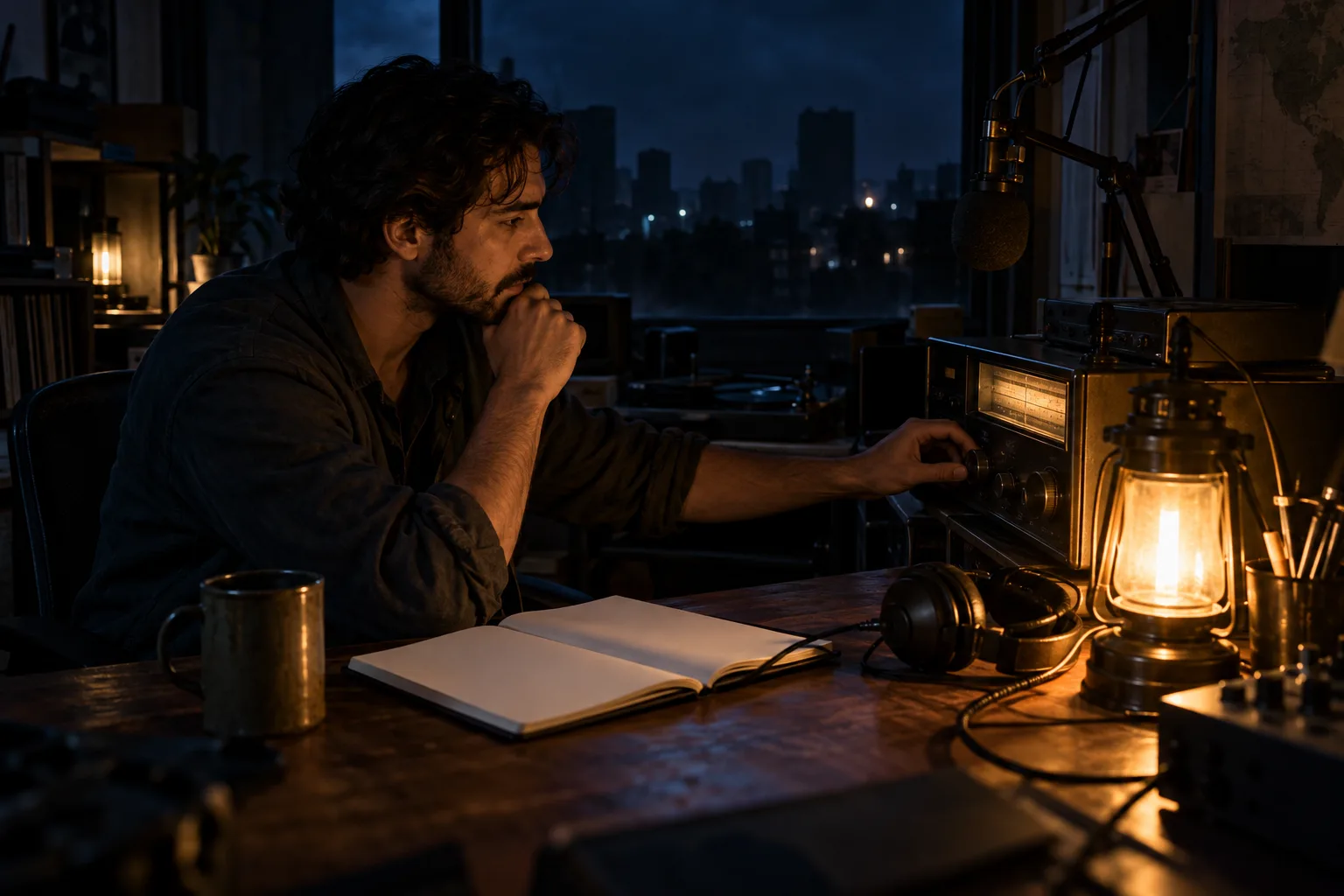 Adult radio host listens to an analog receiver beside a blank notebook and emergency lantern during a blackout