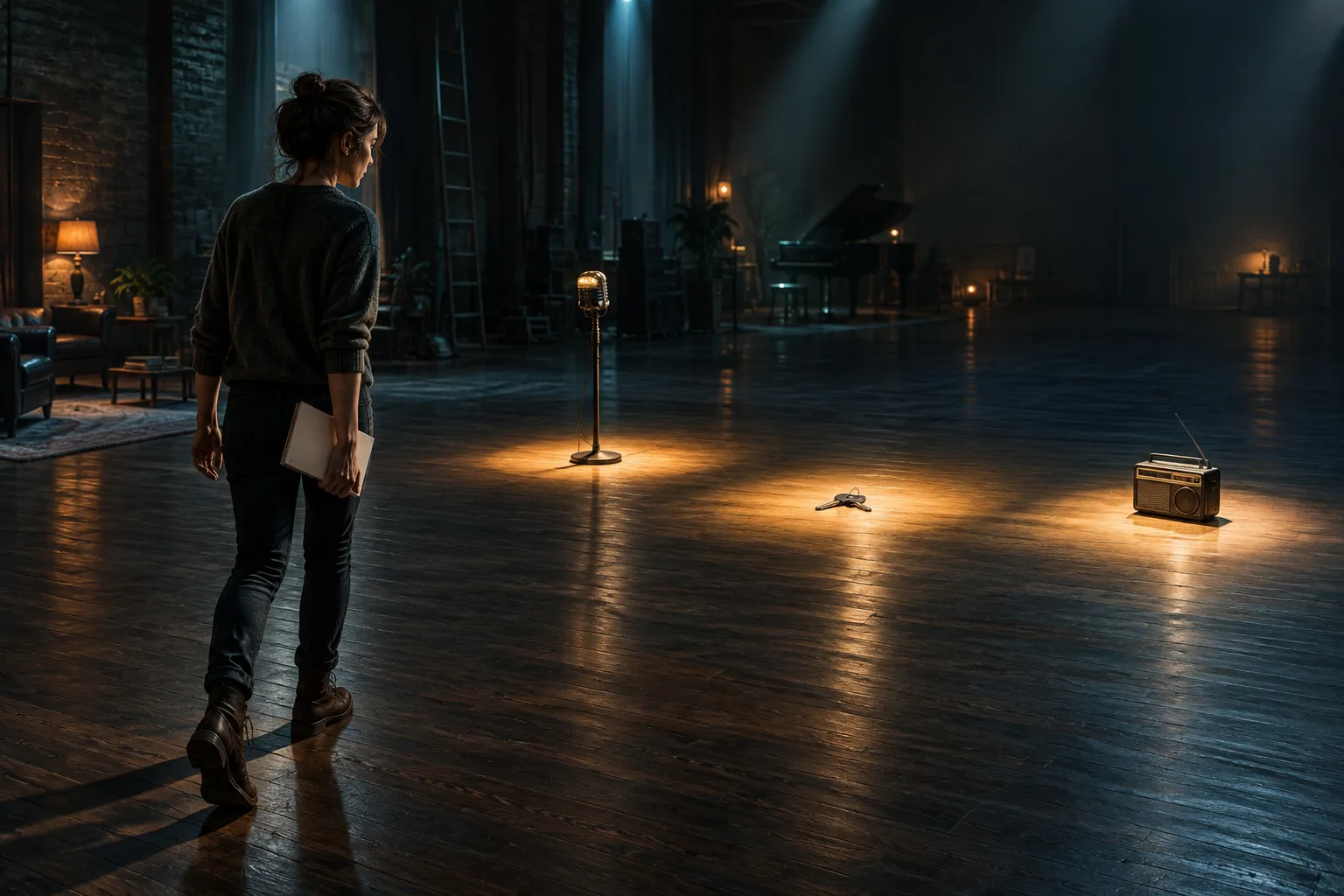 Adult writer approaches three illuminated story objects across a dark studio while later choices remain out of view