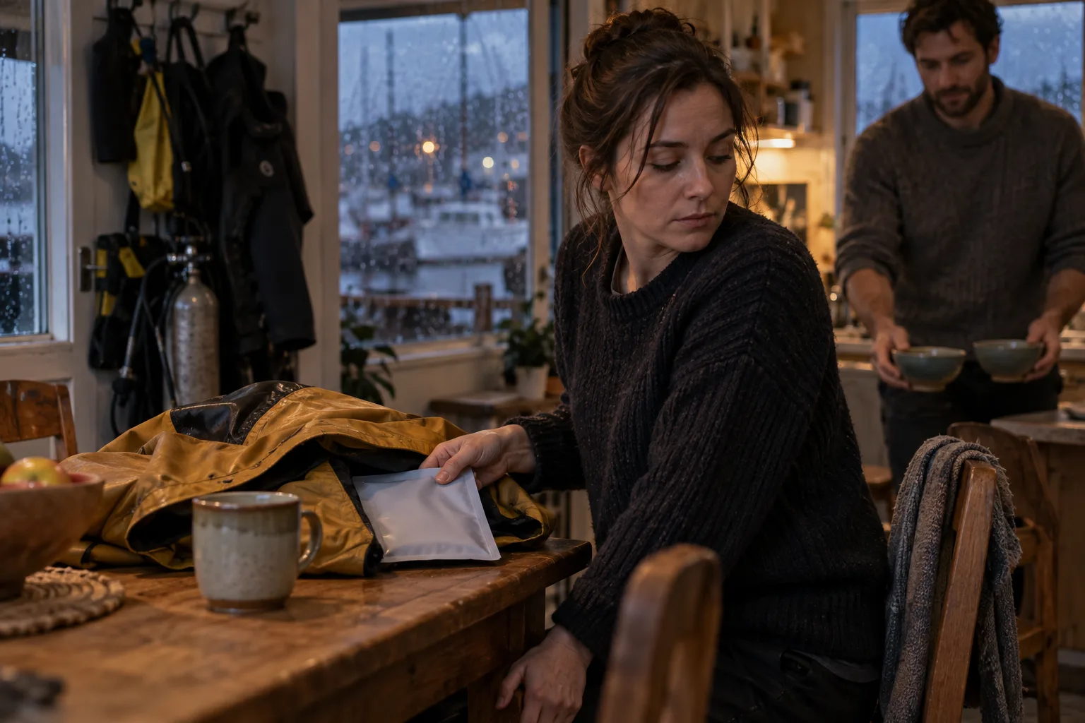 Adult archaeologist hides a blank evidence envelope beneath an oilskin jacket while her brother prepares dinner