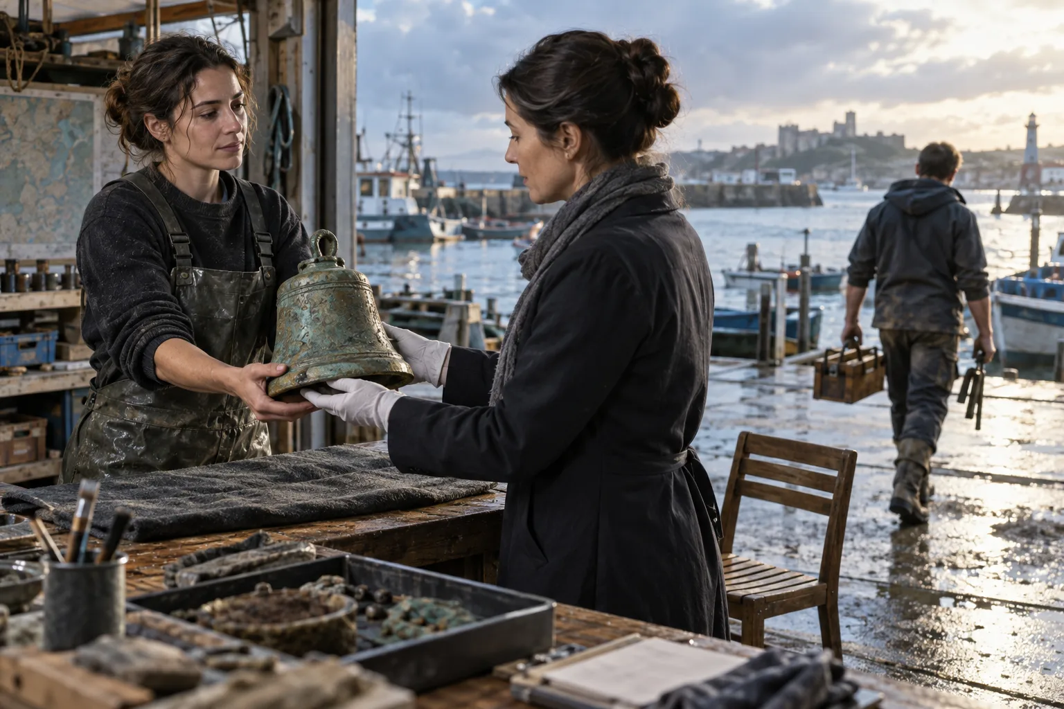 Adult marine archaeologist transfers a recovered bell to a conservator while her brother walks away with tools