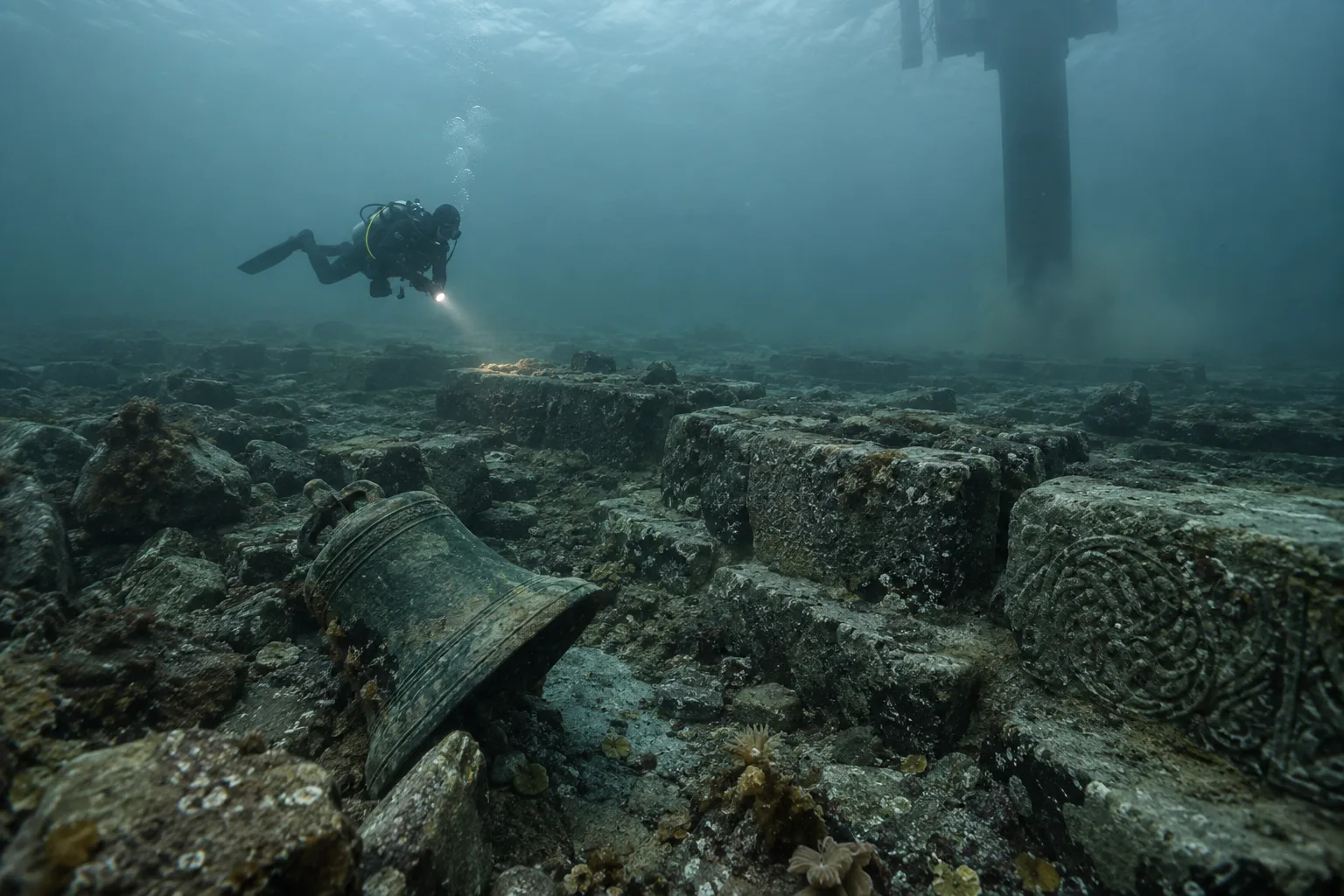 Adult diver studies a bronze bell and submerged stone foundations near a modern construction pile