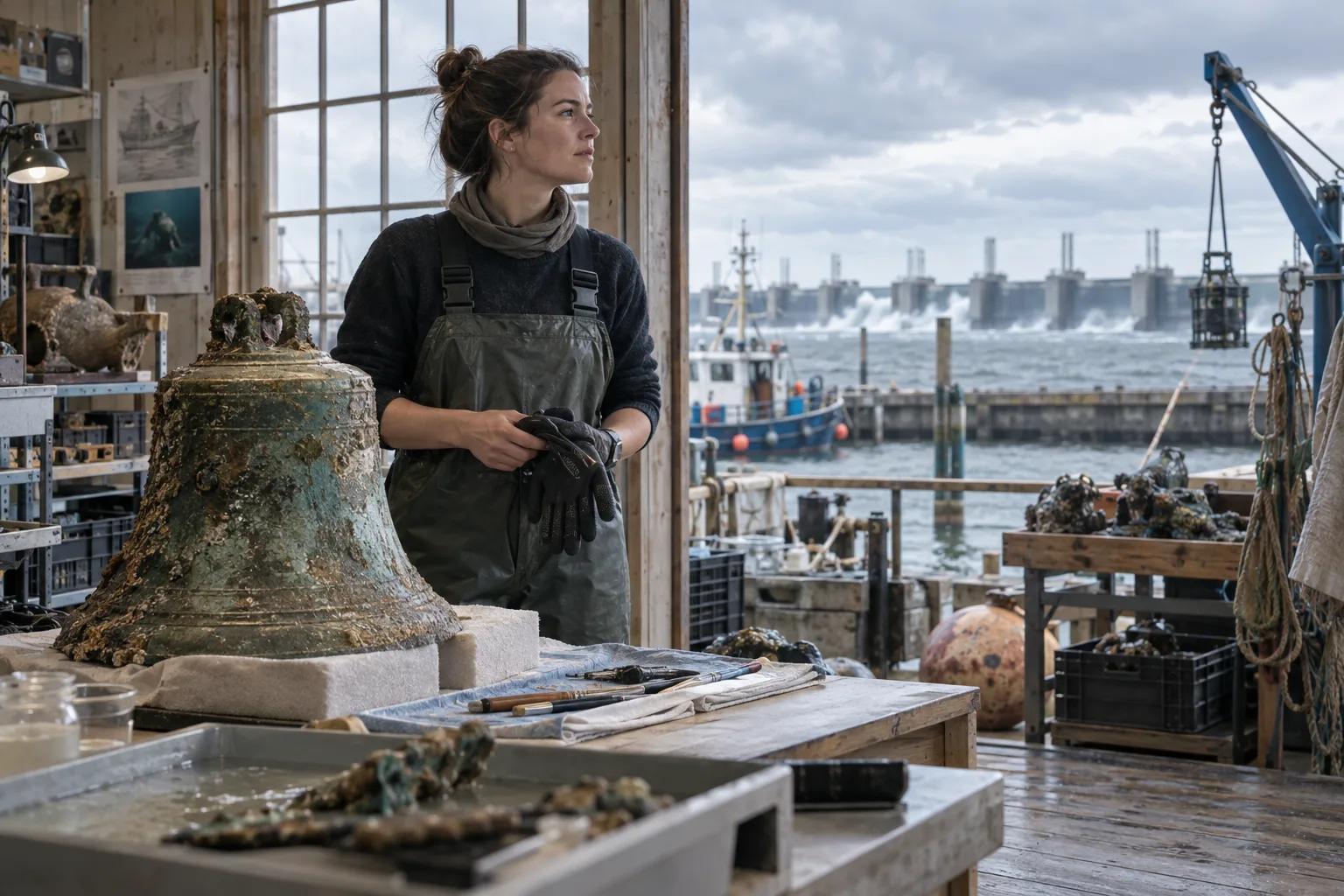 Adult marine archaeologist stands between a recovered bronze bell and a storm barrier outside a harbor workshop