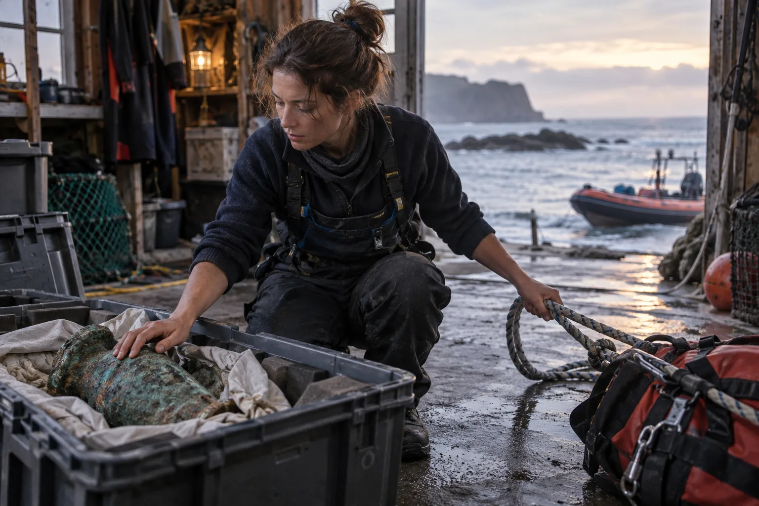 Adult marine archaeologist reaches toward a recovered artifact while holding rescue rope connected to storm gear