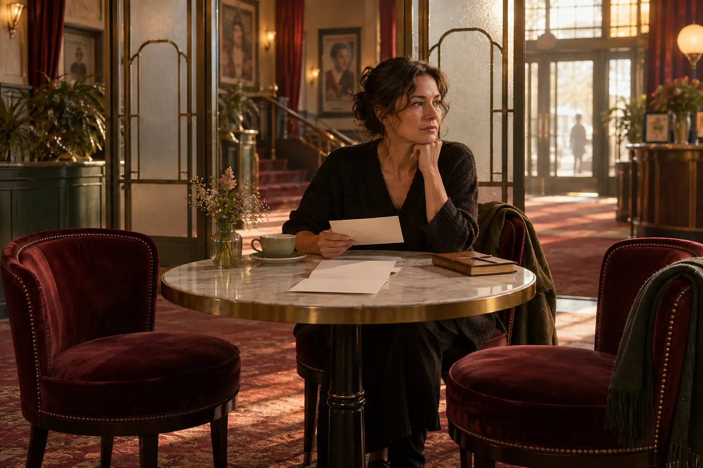 Adult memoirist sits between two empty chairs in a cinema foyer while deciding between a sealed envelope and an open blank letter