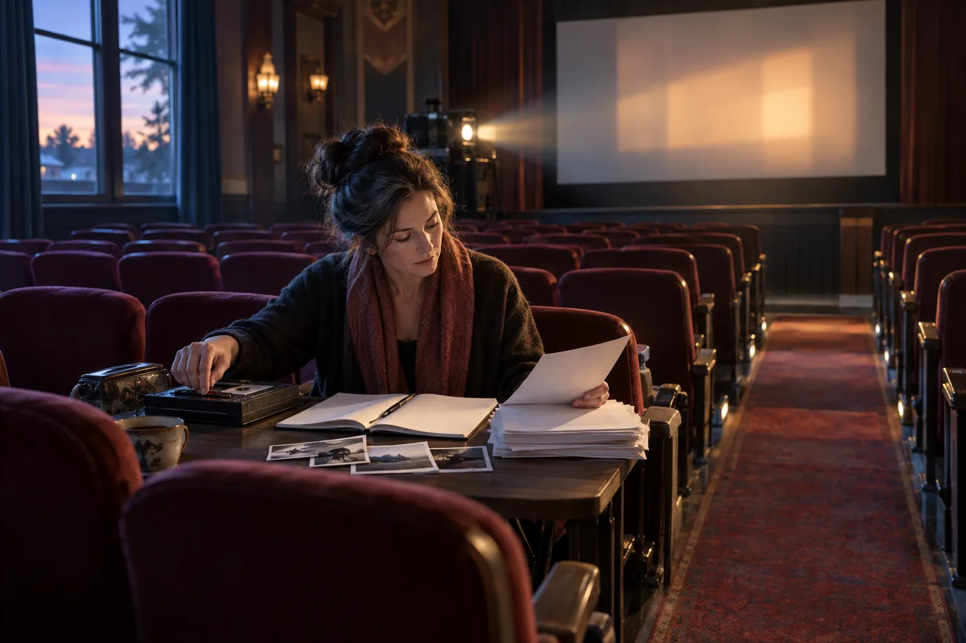 Adult memoir writer edits pages beside a cassette recorder and photographs in a cinema auditorium at dawn