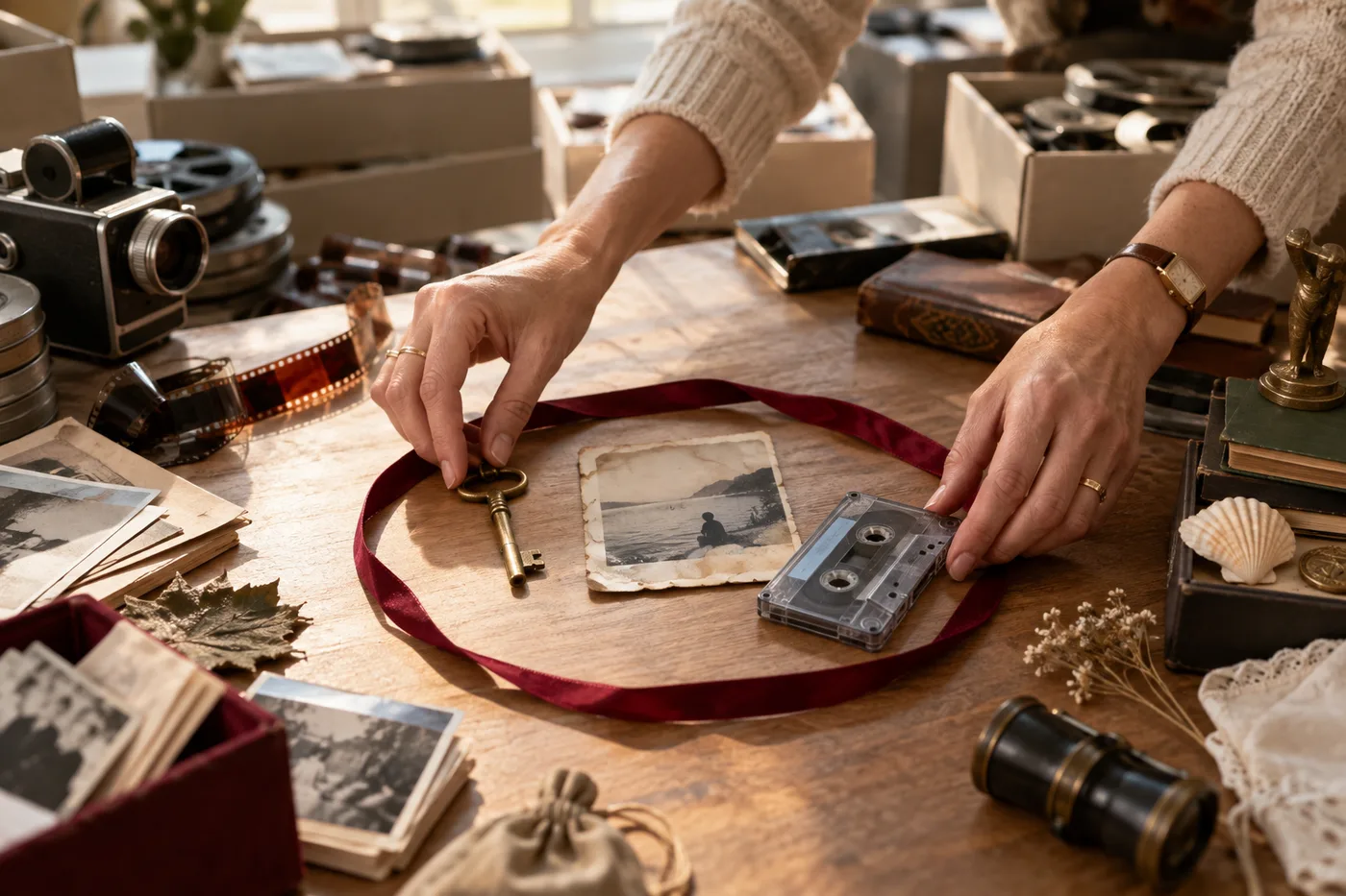 Adult hands place a cinema key, an old photograph, and an audio cassette inside a ribbon circle while other archive objects remain outside
