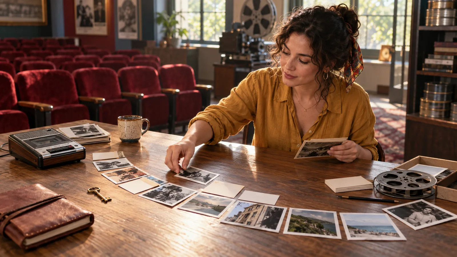 Adult memoir writer arranges photographs, cassette recordings, and blank cards into a story path inside a restored cinema