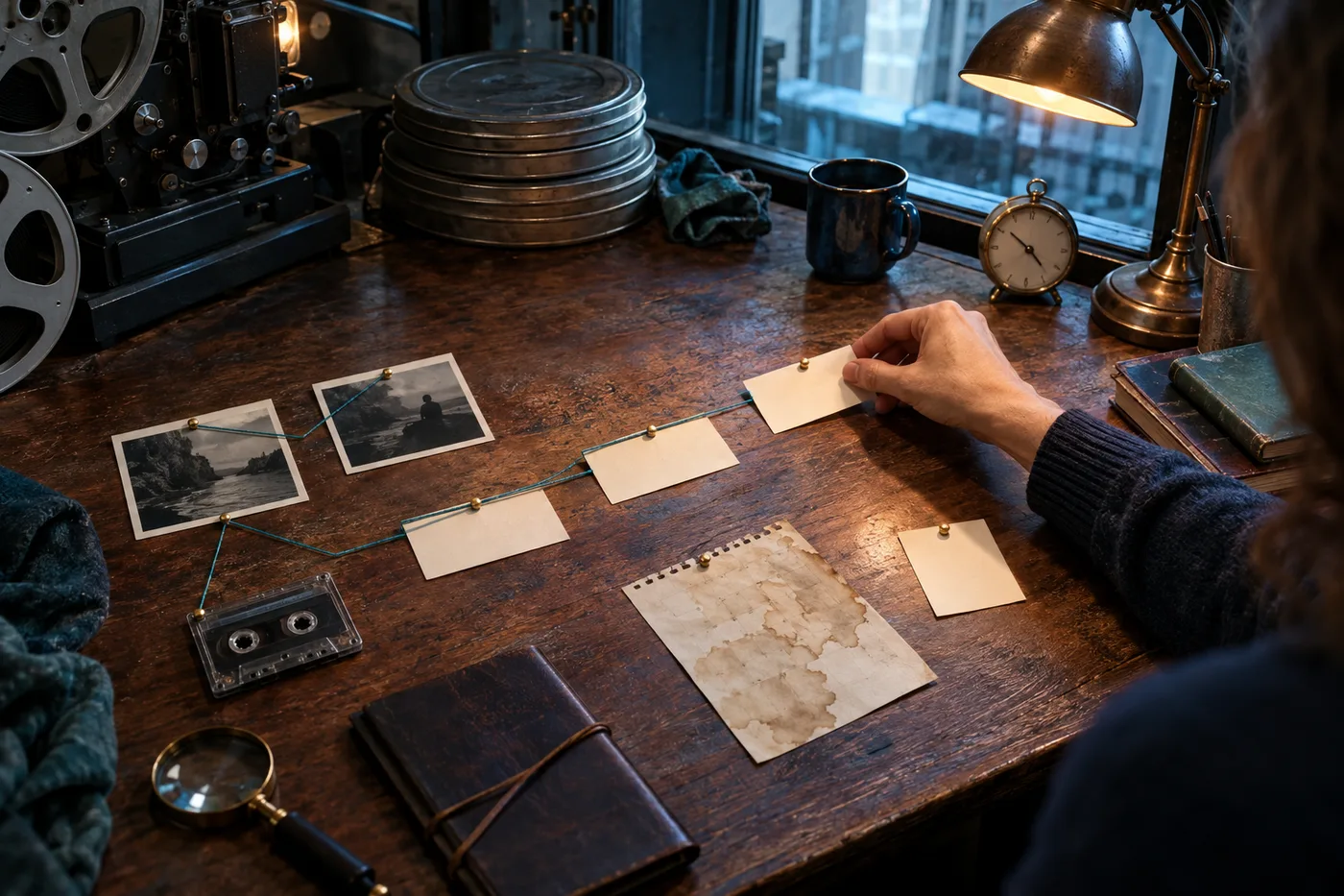 Memoir writer aligns unmarked photographs, blank date cards, a cassette, and an analog clock on an archive table