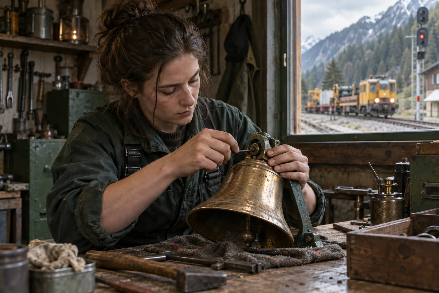 Adult railway apprentice repairs a brass signal bell in an alpine workshop while a maintenance train waits outside